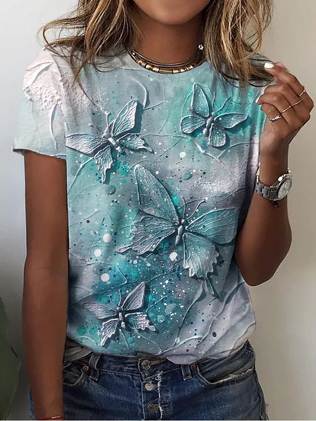 Women's T-shirt Tee Green Blue yellow butterfly printing short sleeve casual weekend basic round neck Butterfly 3D printing short sleeve
