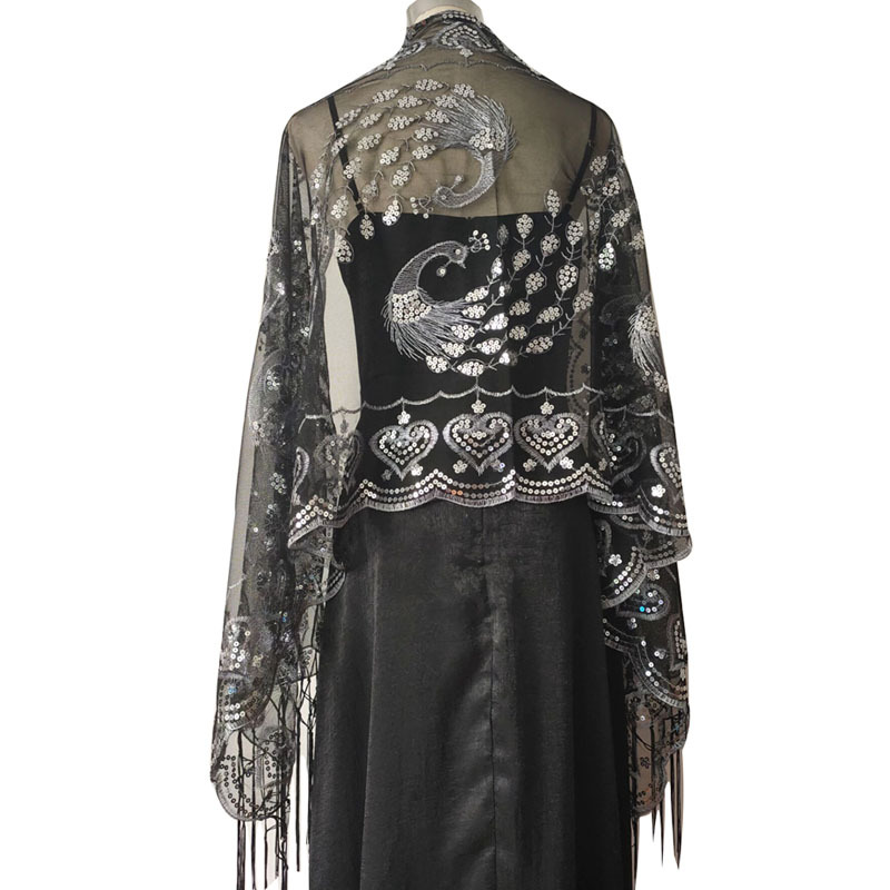 Amazon Hot Sale Sequins Shawl Peacock Embroidered Sequins Tassel Shawl Party Banquet Evening Dress Shawl
