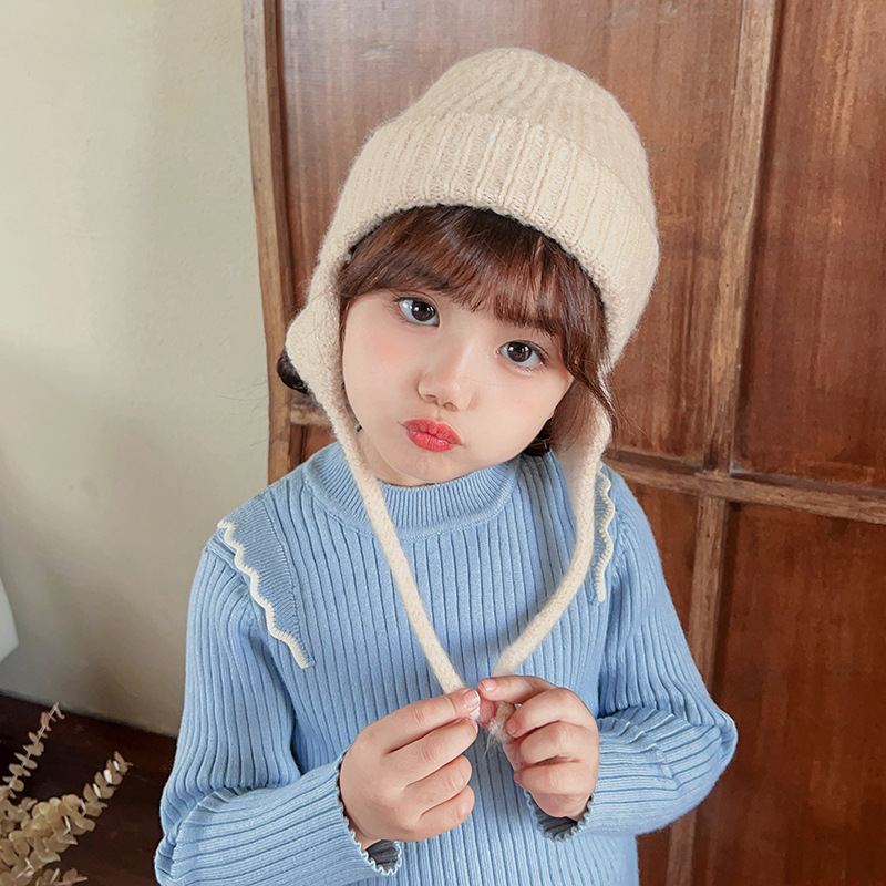 Gestrickte Ohrenschutzmütze für Kinder im japanischen Stil, neue Herbst- und Wintermütze aus dunkler, eleganter, warmer Wolle, einfarbige Strickmütze_voghion.com