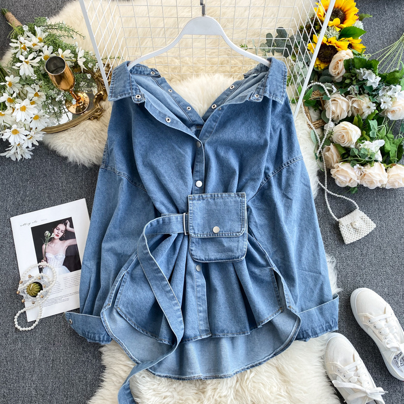European and American Foreign Trade Cross-border Independent Station Women's Clothing Design Sense Lace-up Waist Backless Multi-wear Bag Denim Shirt Women