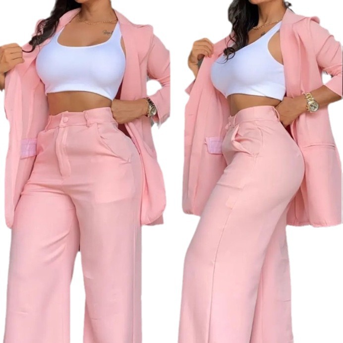 2023 European and American Foreign trade Women's elegant solid color split sleeve lapel suit pocket straight pants suit