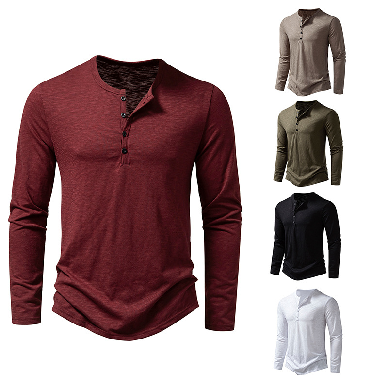 2023 Foreign Trade Autumn New Amazon European Size Men's Solid Color Slub Cotton Henry Collar Fashion Long Sleeve T-shirt for Men