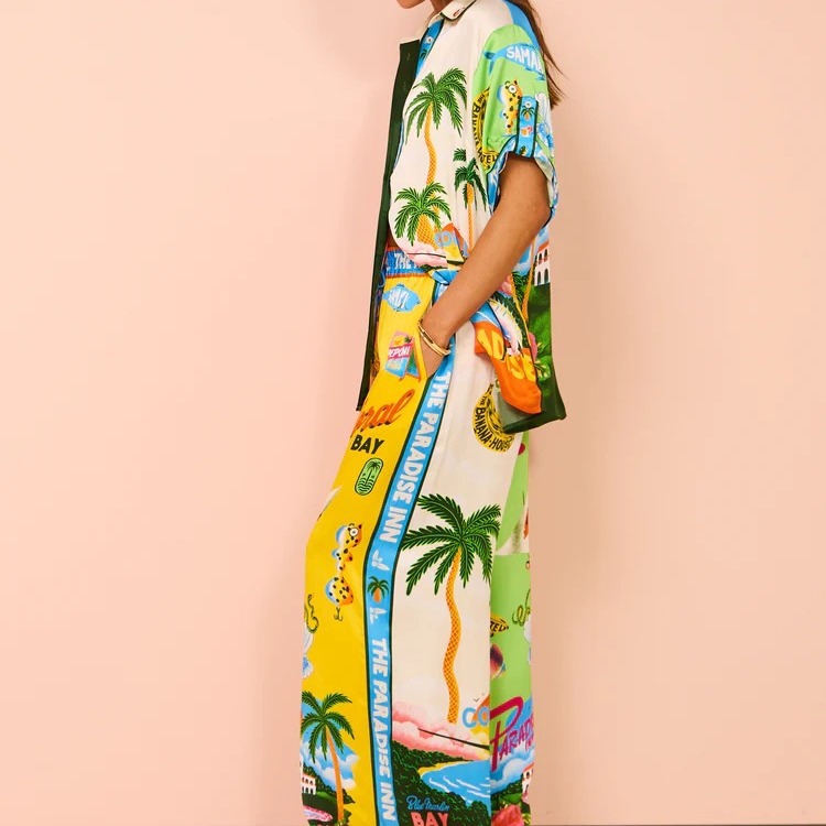 European and American cross-border 2024 independent station AliExpress fashion personalized printed short sleeve color matching vacation leisure lace suit