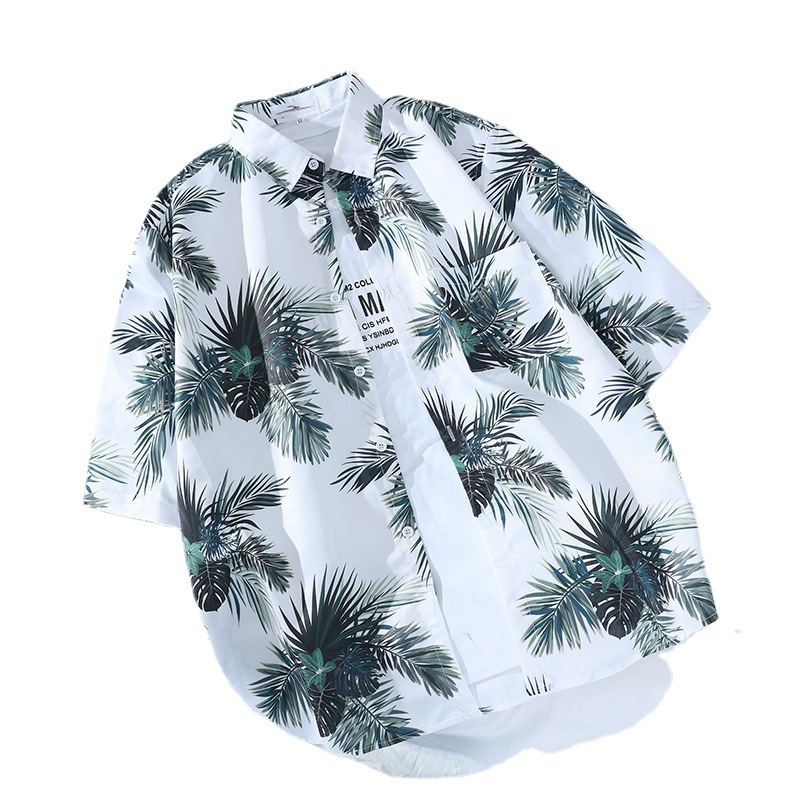 South Korea Vintage Hawaiian Short Sleeve Shirt Men's and Women's Hong Kong Style Chic Loose Couple's Seaside Beach Color Shirt Trendy