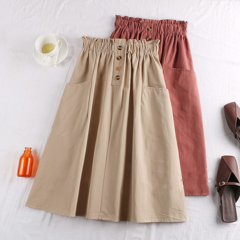Button Half-length Skirt Spring and Summer Age-reducing Elegant Women's Clothing Stretch Waist Mid-length Casual A- line Skirt