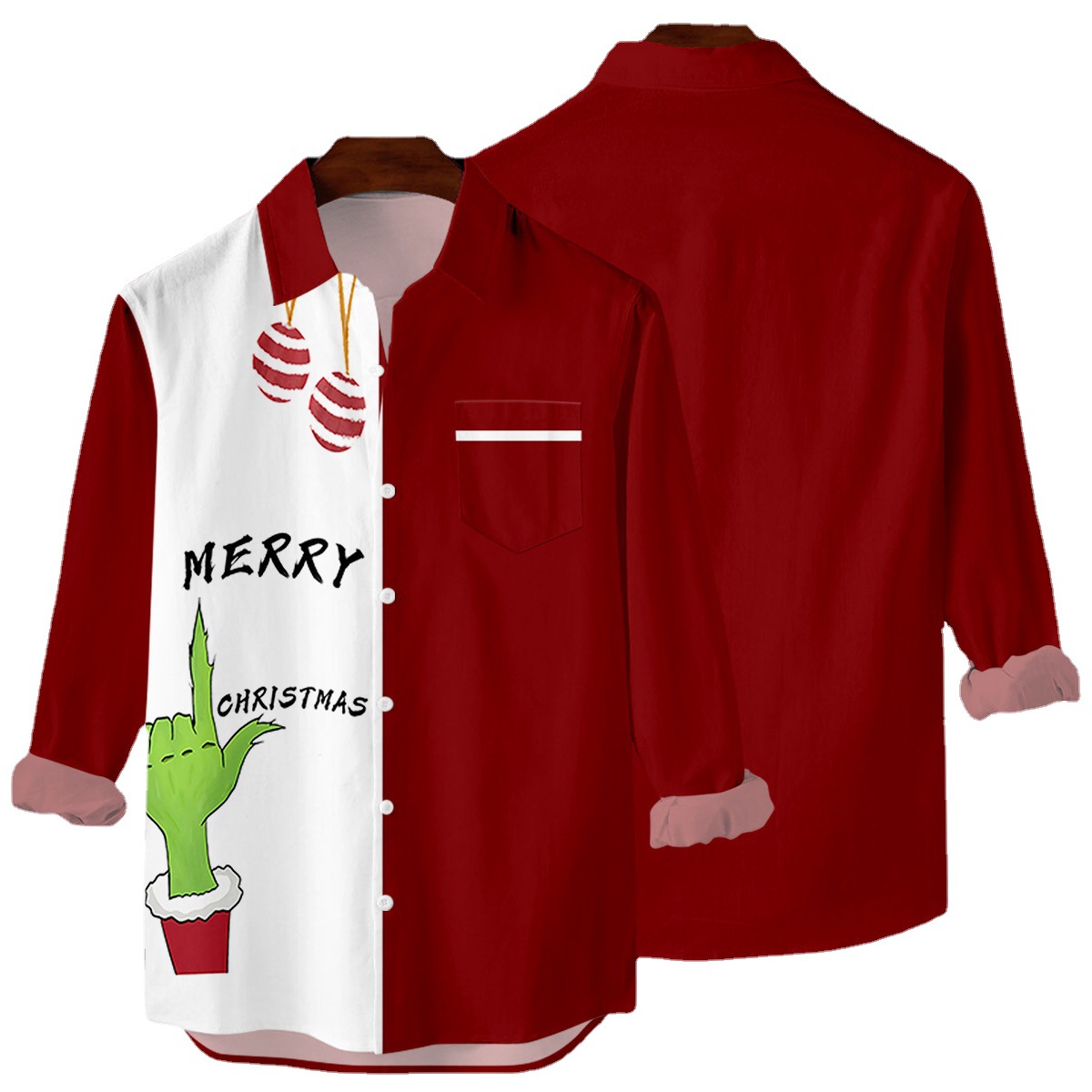2023 Amazon New Cross-border Christmas Strange Hand 3D Digital Printing Casual Men's Cardigan Pocket Long Sleeve Shirt