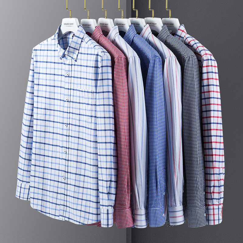 Men's Long-sleeved Shirt Cotton Oxford Button Collar Xinjiang Long-staple Cotton Striped Plaid Casual All-match Men's Shirt