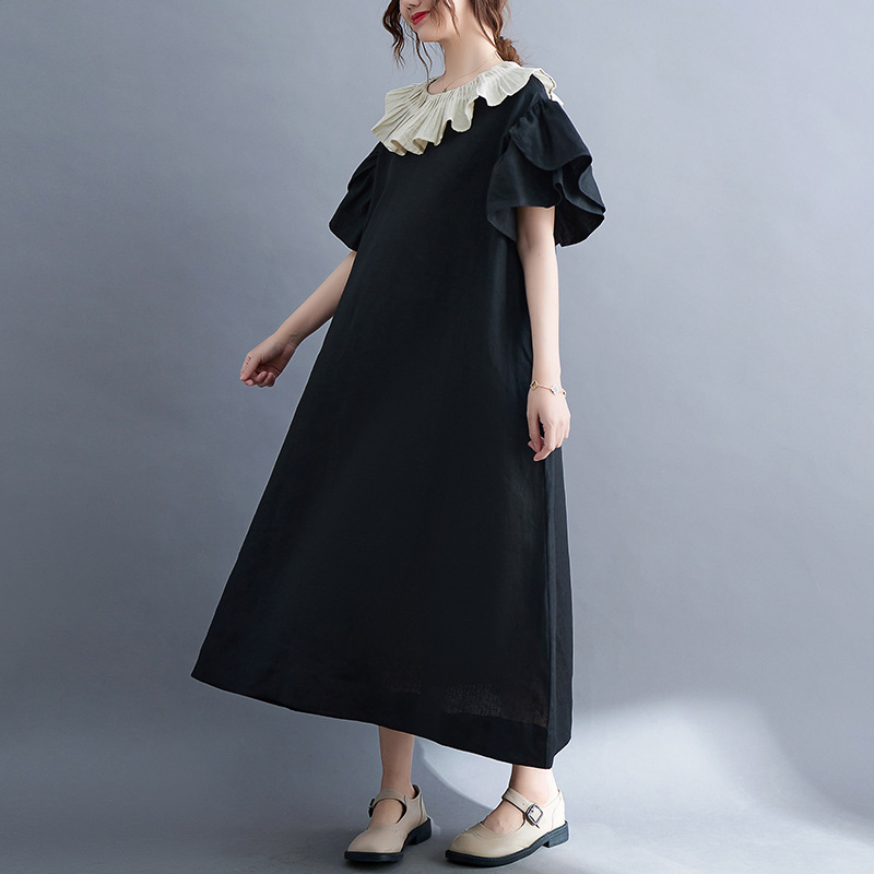 Actual shot of  new summer style trumpet sleeve lotus leaf collar black cotton and linen women's fat MM large size doll collar cotton and linen dress