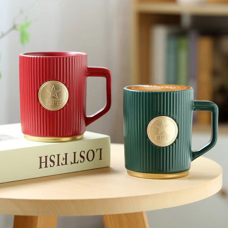 Xingba style coffee cup dark green striped copper seal mug matte red black and white ceramic cup water cup can be customized logo