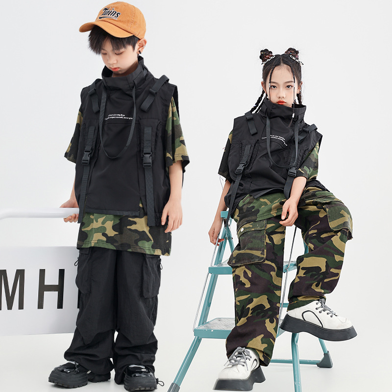 街舞兒童潮服嘻哈潮牌迷彩套裝機能馬甲男女童少兒hiphop演出服裝