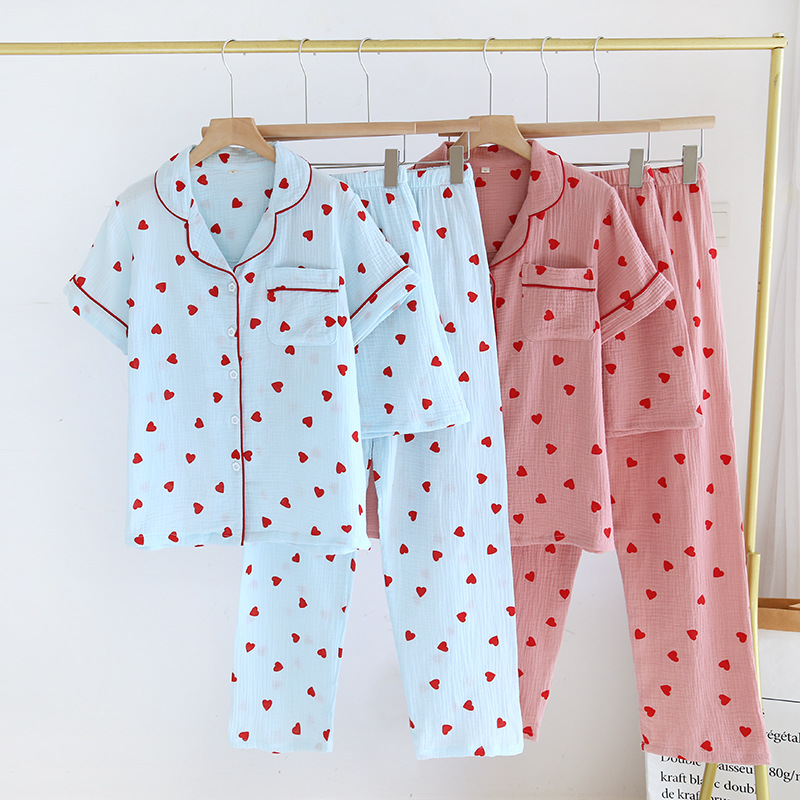 Summer Cotton Gauze Thin Short-sleeved Love Three-piece Shorts Breathable Sweat-absorbent Pants Lapel Age-reducing Pajamas Set
