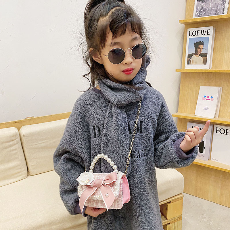 Princess Chanel Style Chain Bag Baby Pearl Accessories Hand Bag Trendy Children's Cute Bow Girl Shoulder Bag