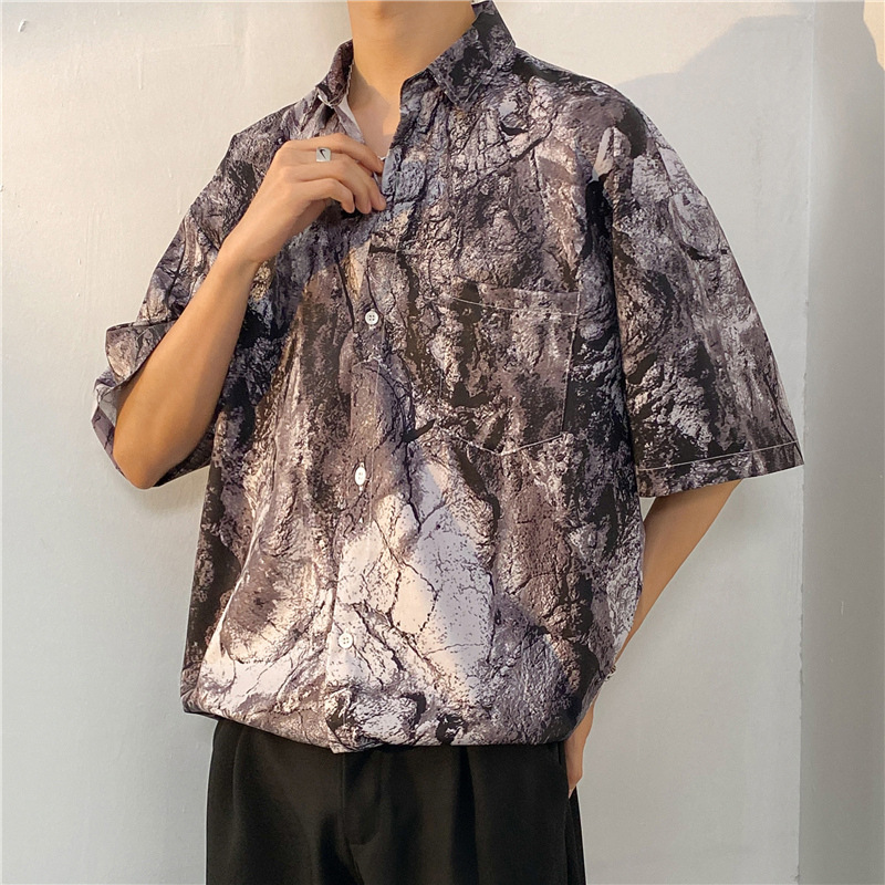 Shirt Men's Summer Thin American Style Retro Printed Short-sleeved Shirt All-match Ins High Street Casual Loose Top Clothes