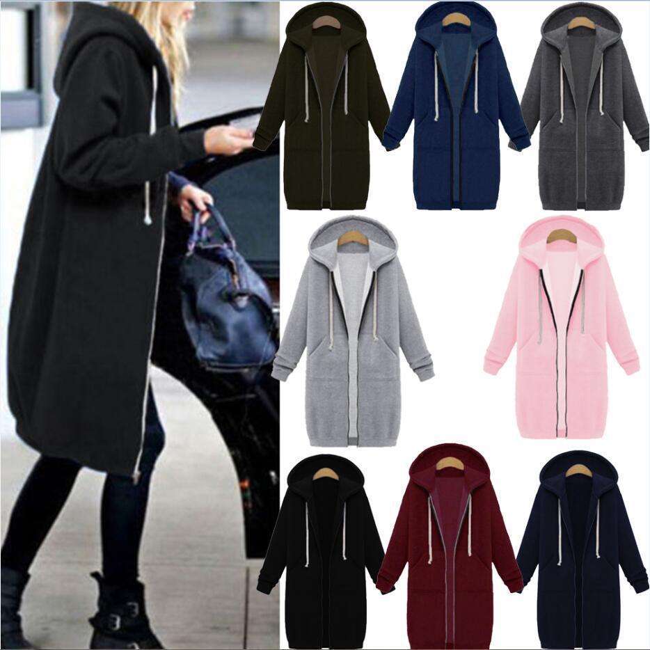 9729 autumn and winter Amazon best selling sweater women's long plus velvet pocket hooded zipper trench coat coat women