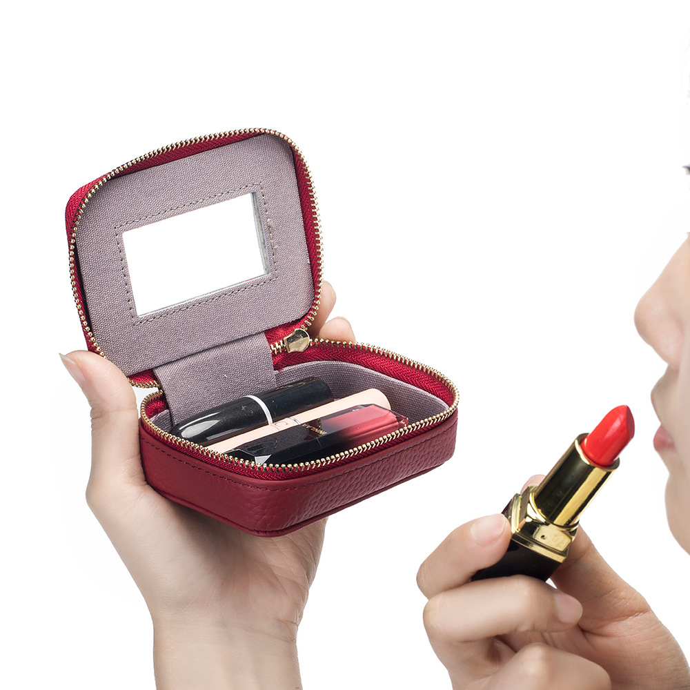 New mini leather lipstick bag with Mirror first layer cowhide makeup storage bag change coin earphone bag for women