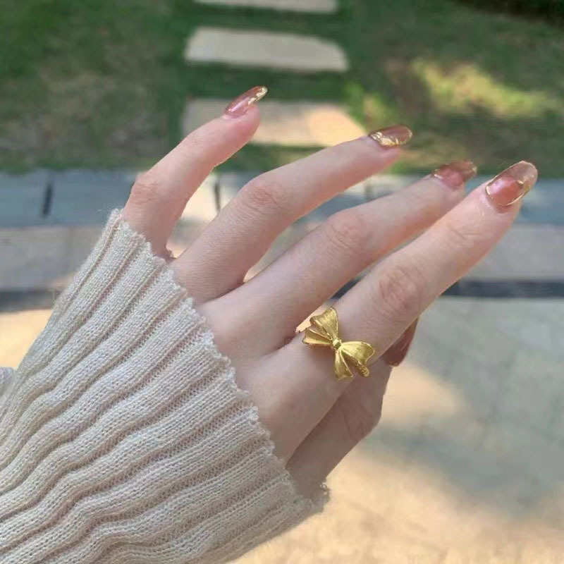 New style sand gold princess bow ring female sweet cute frosted wedding opening adjustable diet finger ring gold plated