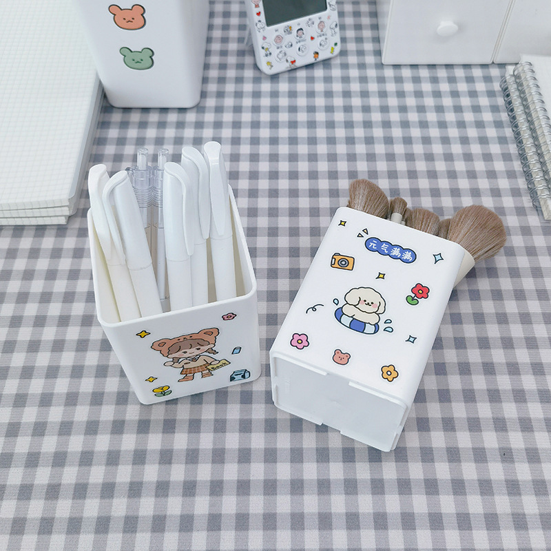 Student Desktop Pen Holder Plastic Square White Large Capacity Cosmetic Brush Storage Holder Stationery Pencil Box No Print Wind