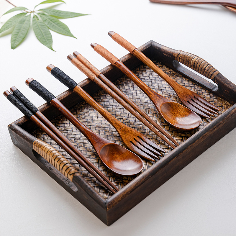 Japanese Style Internet Celebrity Western-style Gift Tableware Wooden Spoon New Style Wrapped Chopsticks Creative Portable Spoon Chopsticks Fork Three-piece Set