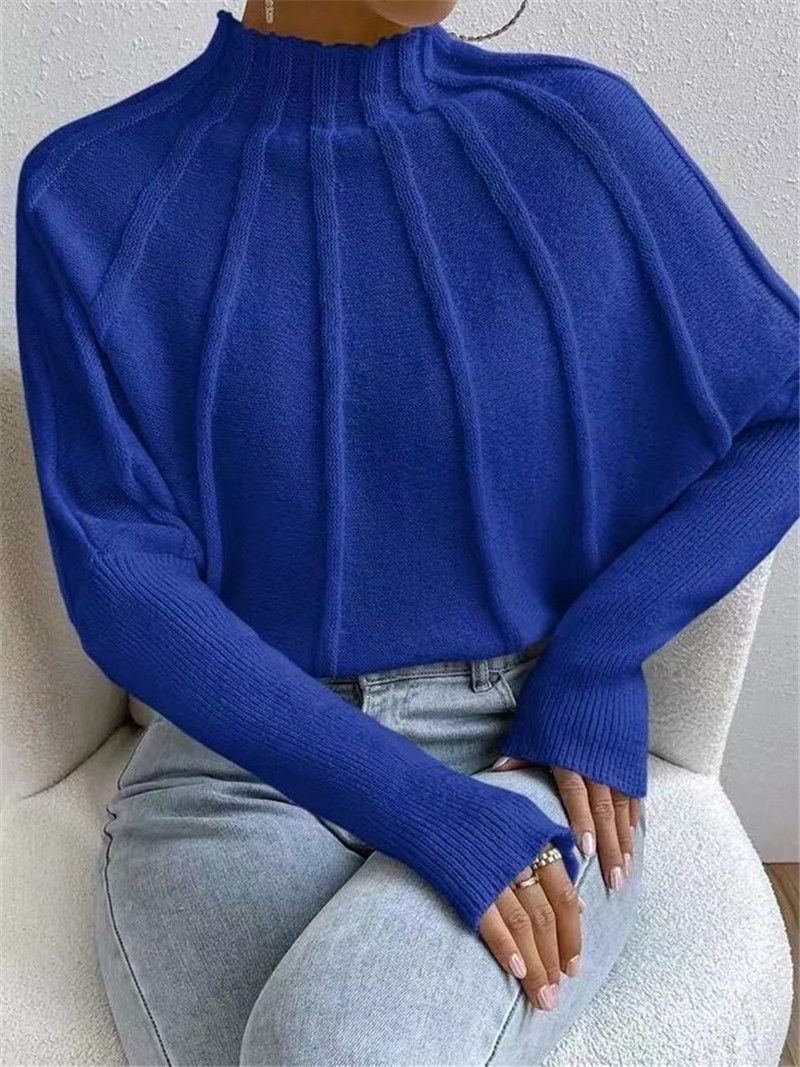 European and American cross-border Amazon half turtleneck solid color all-match knitted pullover batwing sleeve sweater for women