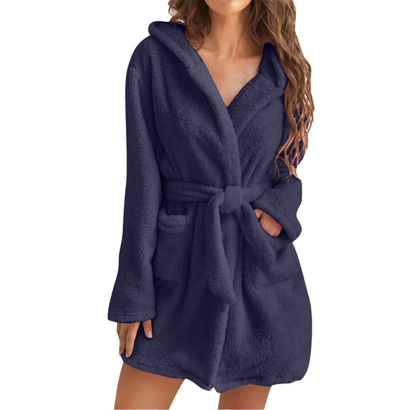 Cross-border Amazon popular European and American women's clothing autumn and winter warm plush lace-up cardigan hooded pocket mid-length coat
