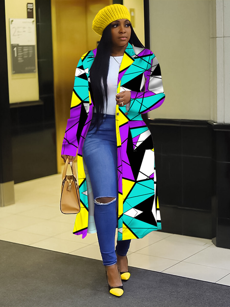 Autumn and winter New trench coat cross-border European and American plus size plaid printed double-breasted lapel coat coat women's coat_voghion.com
