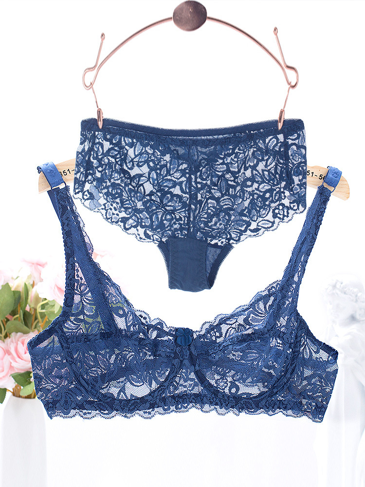 Bra set women's sexy full lace transparent bra push-up girl's ultra-thin breathable, comfortable and soft underwear