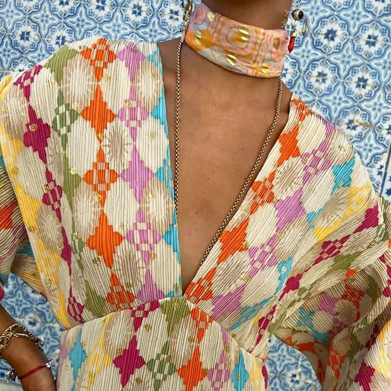 Cross-border 2025 European and American Women's Elegant Printed Elegant V-neck Lantern Half Sleeve A- shaped European and American dress Women
