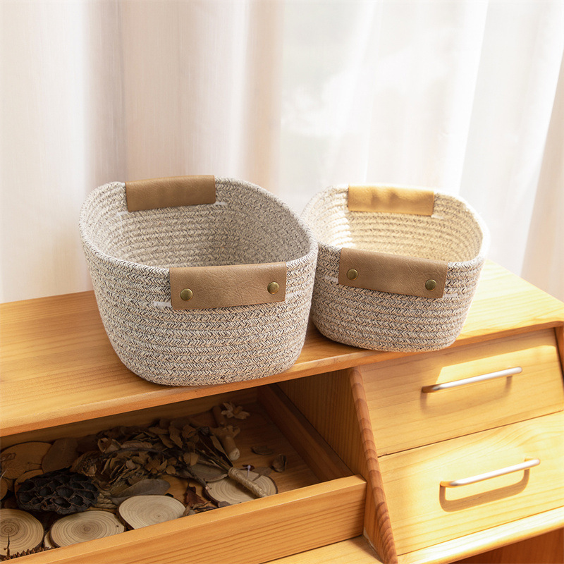 Storage box wholesale new cotton rope desktop storage basket leather handle sundries storage basket