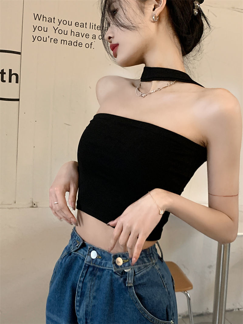 Hot girls take pictures to show their slim and beautiful backs, ins style halterneck small camisole for women, summer new style outer wear tube top