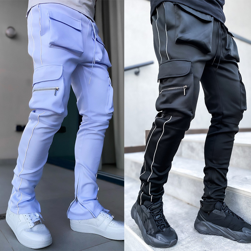 Spring and Autumn Work Pants Men's Multi-pocket Trendy Brand Elastic Reflective Slim-fit Sports Leisure Fitness Trousers Cross-border Foreign Trade