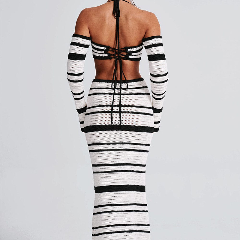 2024 New Hot Girls Women's suit Summer Striped Long Sleeve Neck Top Half Skirt Two-piece Set for Women
