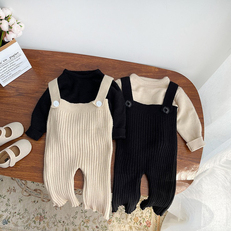 Luoxi Korean-style Fall/Winter All-match Solid Color Knitted Pants Girls' Casual Pit-strap Suit Baby's Western-style Pants