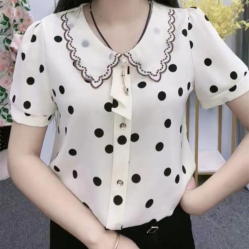 2024 Summer new small floral chiffon shirt women's summer design top doll collar short sleeve floral shirt