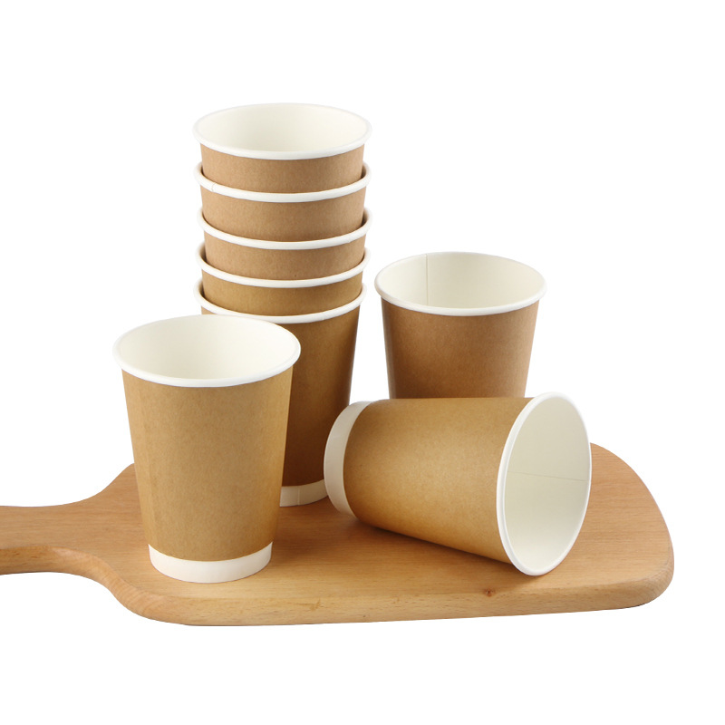 Disposable Paper Cup Milk Tea Coffee Hot Drink Paper Cup with Lid Take-out Packaging Double Layer Heat Insulation Cup Kraft Paper Hole Cup