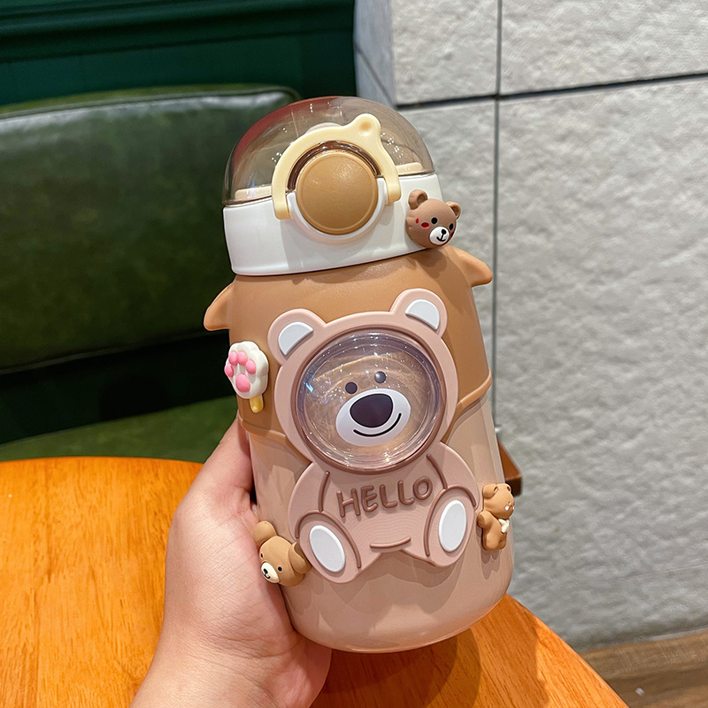 New cute high-value cartoon with straw belly thermos 316 stainless steel Children's strap insulation water Cup