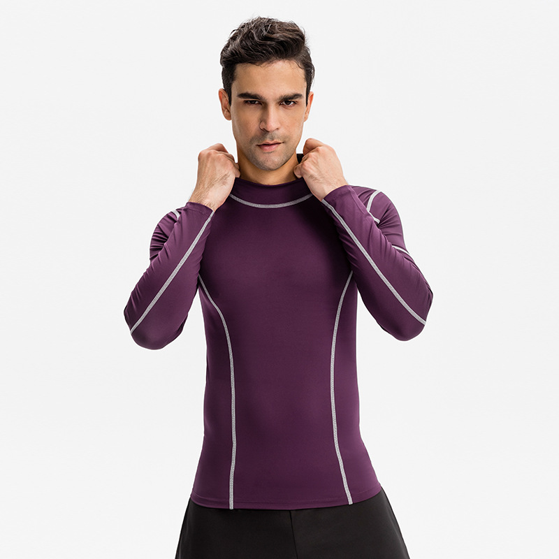 Men's Fitness Long-sleeved High-elastic Tight-fit Quick-drying Clothes Running Training Clothes High Collar Colorblock Sports Top 01506