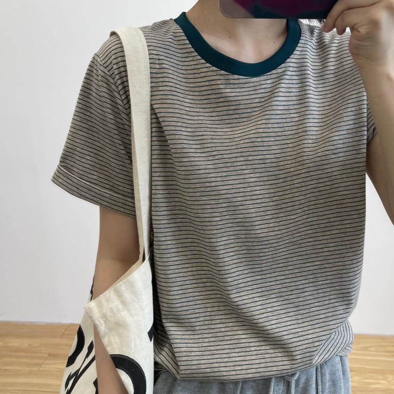Striped color matching short sleeve T-shirt women's ins trendy women's pure cotton bottoming shirt 2023 Summer loose design sense top wholesale