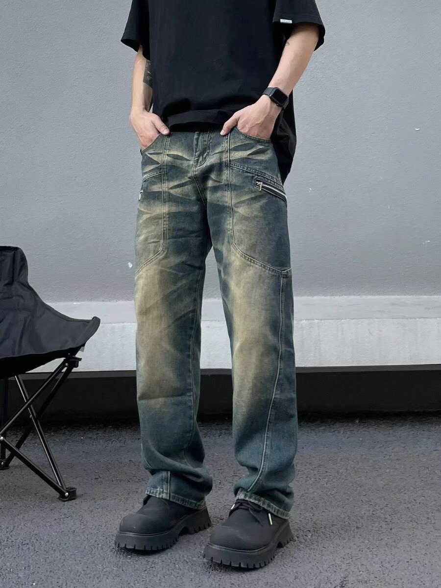 2024 American high street jeans men's trendy spring and autumn new style fried street loose draping all-match fashionable trousers