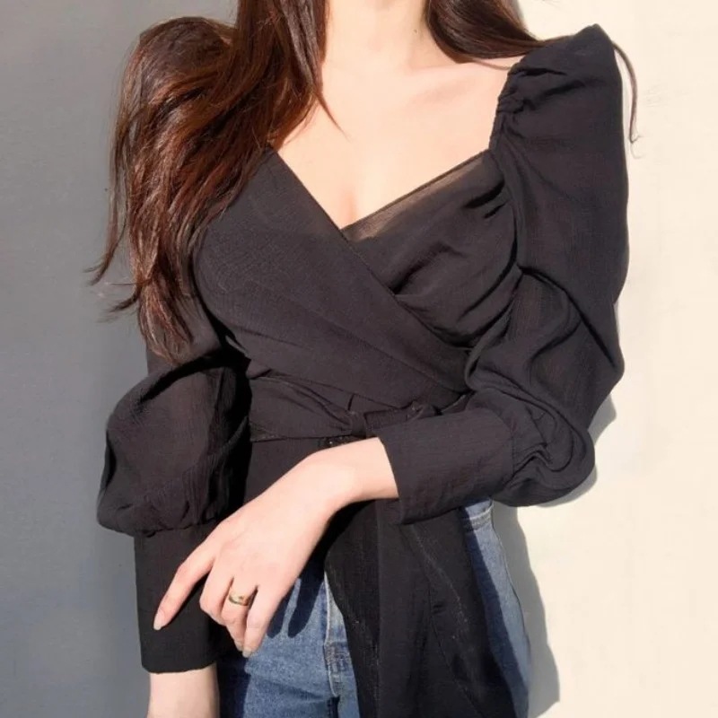 Korean Style Chic Spring and Autumn Elegant Elegant Pleated V-Neck Cross Strap Design Sense Niche Chiffon Shirt Top for Women