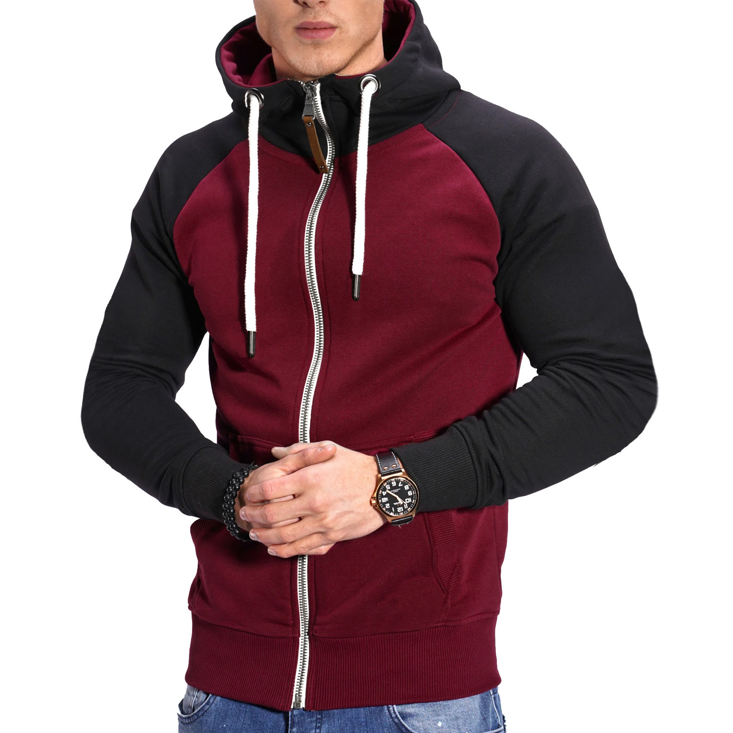 Foreign Trade European Size Men's Color Splicing Fitness Sports Men's Sweater Casual Fashion Contrast Raglan Sleeve Cardigan Top