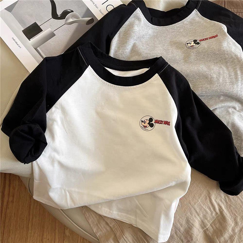 Pure cotton children's T-shirt long-sleeved boys and girls' clothing 2025 fun Mickey small and medium-sized children's tops cute base shirt spring and autumn