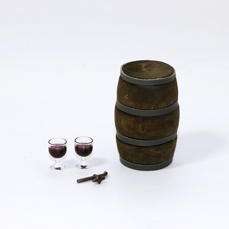 Miniature dollhouse winery scene retro Mini 1 red wine barrel +1 tap +2 glass N116