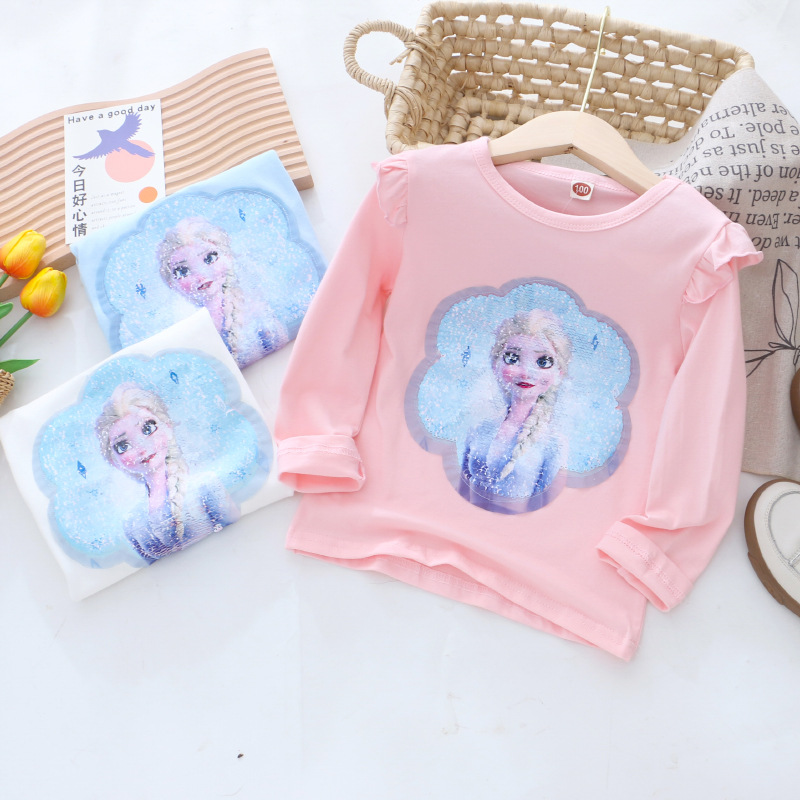 Children's autumn bottoming shirt girls long sleeve T-shirt double-sided color change sequins explosions princess coat cotton a generation of hair