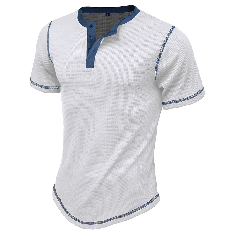 Cross-Border Men's clothing 2023 Summer short-sleeved Henry lining European and American men's retro T-shirt waffle color matching Henleys