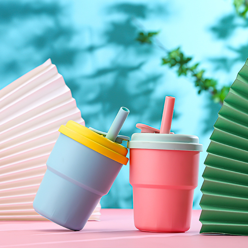 Portable Cute Bamboo Cup Drop-resistant Silicone 380ml Suction Tube Cup High Color Value High Temperature Resistant Milk Cup for Children and Students