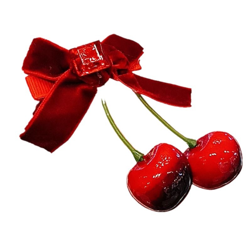Winter atmosphere red cherry bow velvet hairpin female back half tie hair clip headdress hair accessories