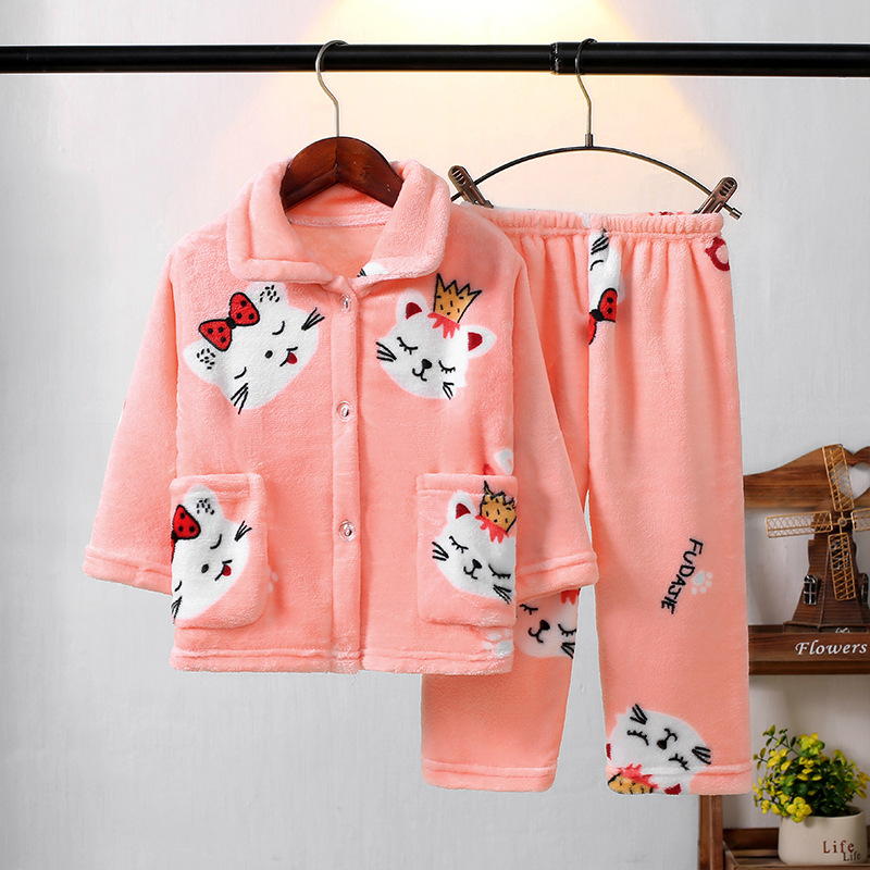 Autumn and Winter Children's Flannel Pajamas Girls' Boys' Baby's Coral Fleece Set Kids and Girls' Thickened Home Clothes