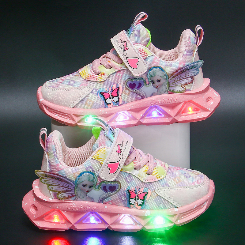 Girls' Shoes with Light 2023 Autumn and Winter New Leather Warm Lightweight Children's Sneakers Small, Medium and Large Children's Princess Shoes