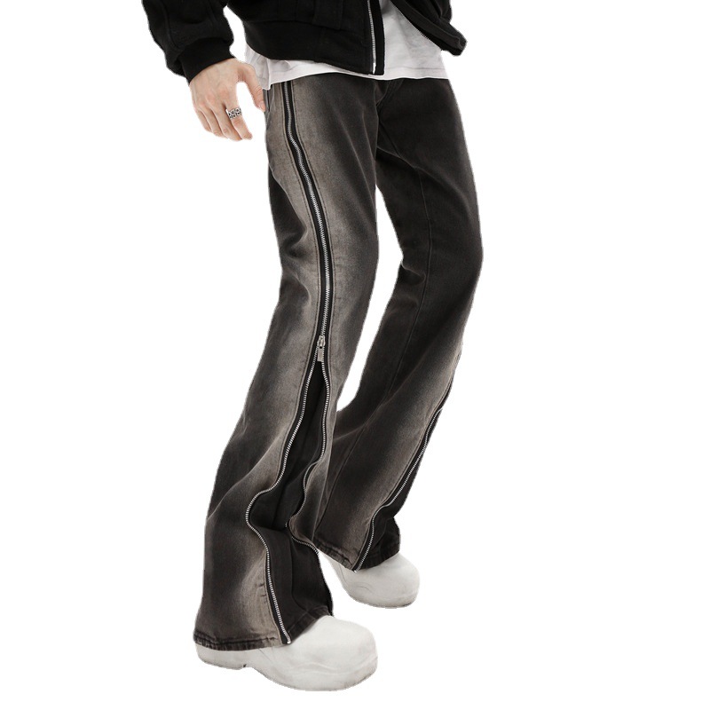 American retro distressed design sense zipper straight trousers men's ins tide casual split high street jeans wholesale