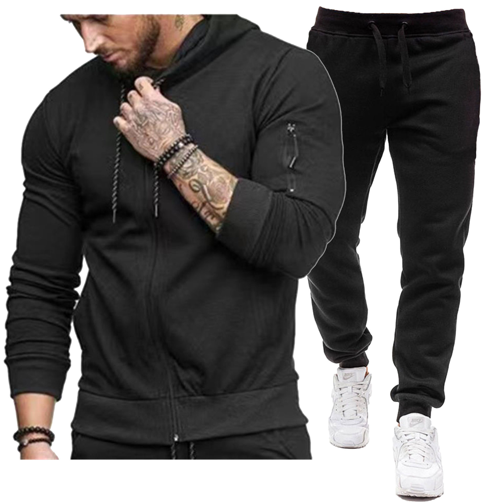 Cross-border muscle fashion European and American leisure sportswear autumn new hooded cardigan sweater suit men